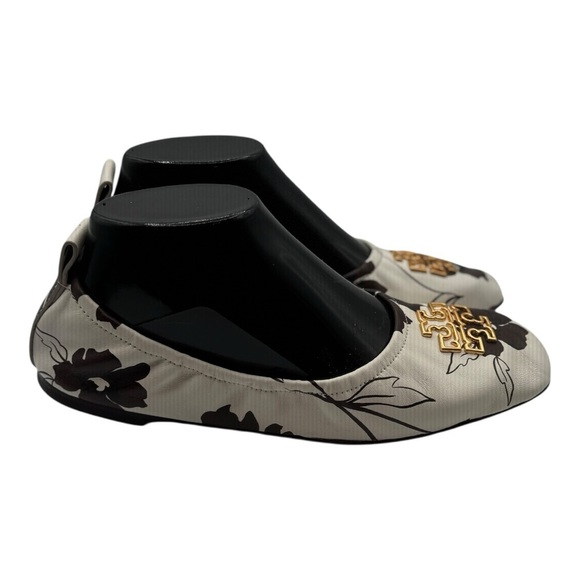 TORY BURCH Women's Cream/Brown‎ Leather Elastic Britten Ballet Flats Size 7.5 - Picture 2 of 11